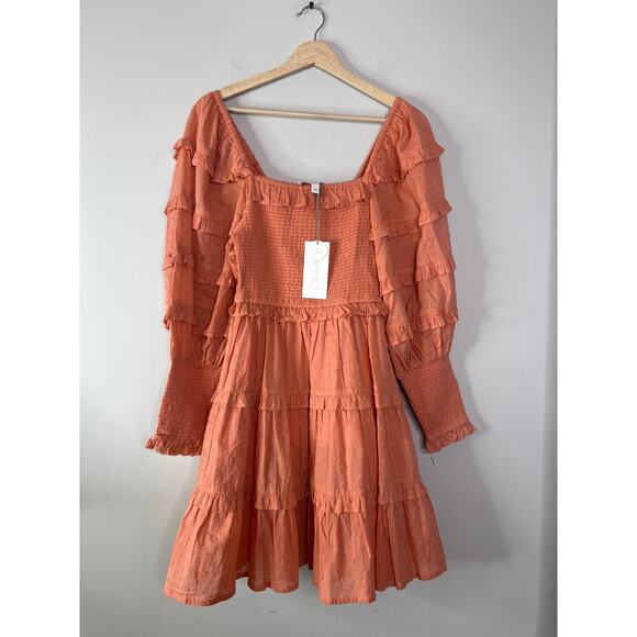 NWT Cleobella Harley Coral Pull On Smocked Tiered Ruffles Coral Mini Dress Sz XS - Picture 2 of 7